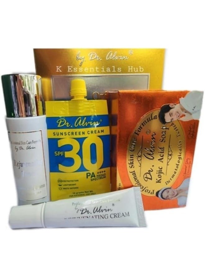 Dr. Alvin مجموعة د. ألفين الأصلية للتجديد مختبرة جلدياً مع صابون حمض الكوجيك، تونر للوجه، كريم تجديد وواقي شمس SPF 30 لروتين العناية بالبشرة اليومي - Image 2